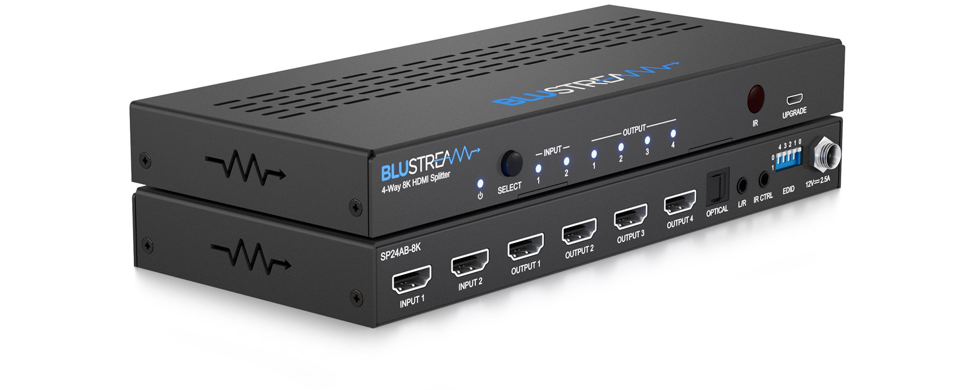 Blustream 2 Input 4-Way 8K HDMI2.3 Splitter with Audio Breakout, and EDID